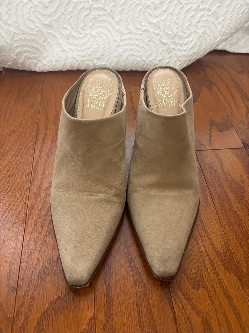 Vince Camuto Taupe Suede Pointed Mule Slides